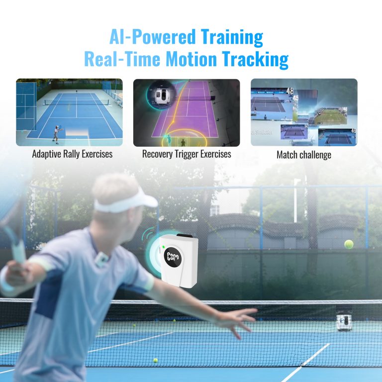 Spieler trainiert mit KI-Bewegungstracking auf dem Tennisplatz